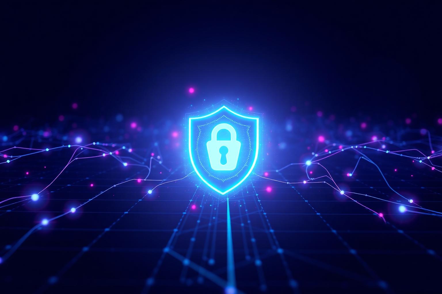 Cybersecurity network visualization with glowing shield